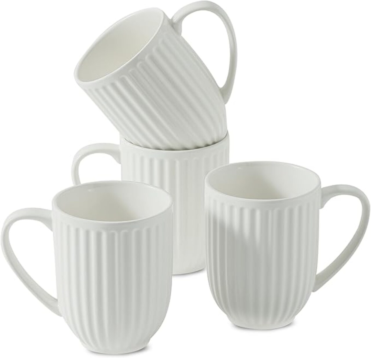 Set of 4 White Ceramic Mugs, 16oz, Ribbed Design, Large Handle, Microwave Safe